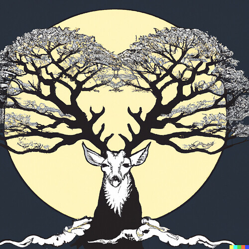 DALL·E 2022-08-27 11.50.20 - Vector style ukiyo-e woodblock art of massive supermoon wearing a crown of branched antlers that grow into yggdrasil