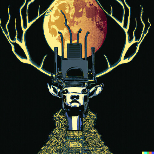 DALL·E 2022-08-27 12.16.11 - Cyberpunk vector style ukiyo-e woodblock art of a massive supermoon with a face wearing a crown of cybernetic antlers beckoning into the cosmos